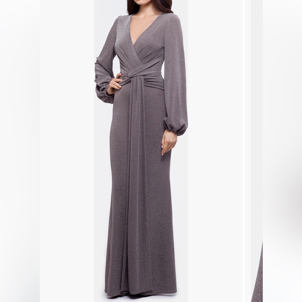 Betsy & Adam Metallic Knit Long Sleeve Gown